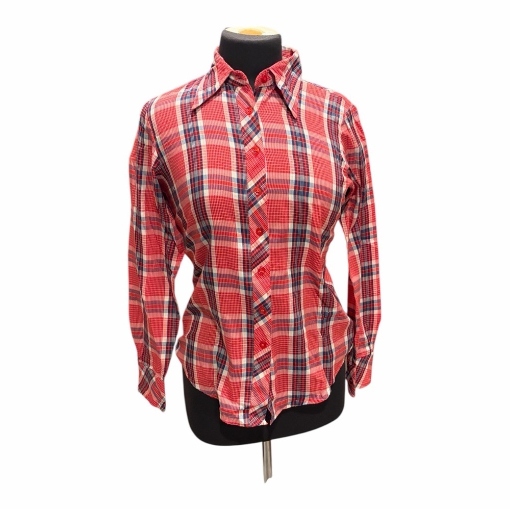 Vintage Plaid Western Button Up Shirt Red Blue Fitted Small